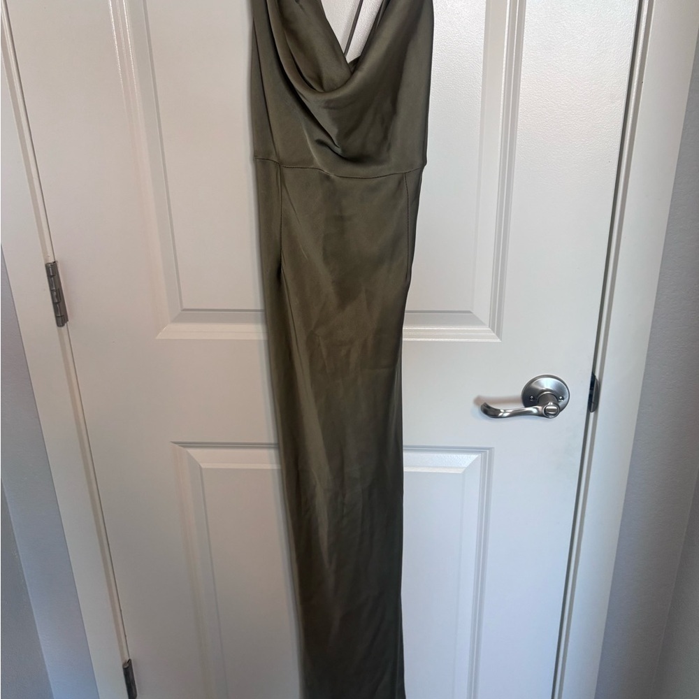 SHOWPO Nylah Cowl Neck Double Strap Asymmetrical Dark Olive Satin Dress - Picture 2 of 6